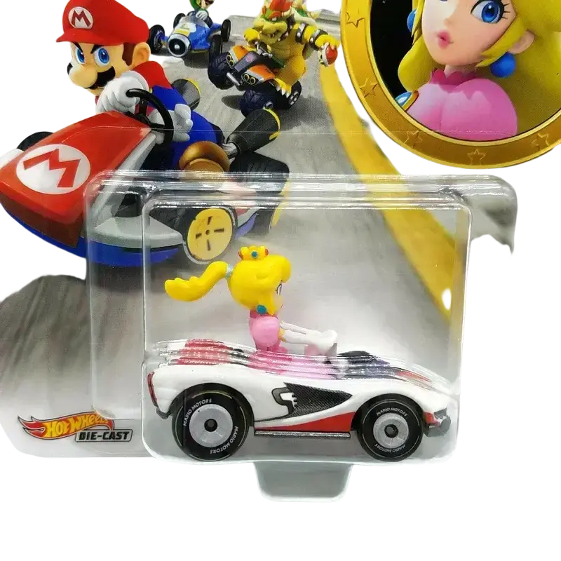 White and pink hot wheels die-cast car with yellow character figure inside, featuring a red stripe design.