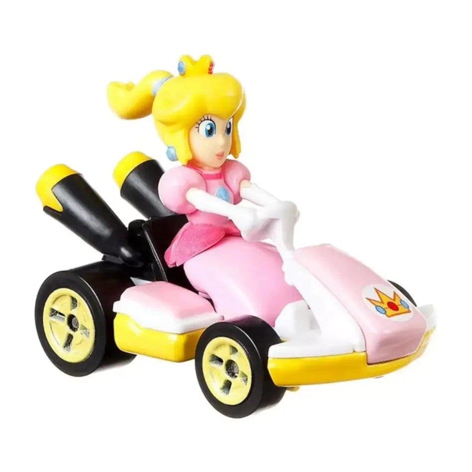 A Princess Peach Mario Kart toy with a pink kart and yellow accents.