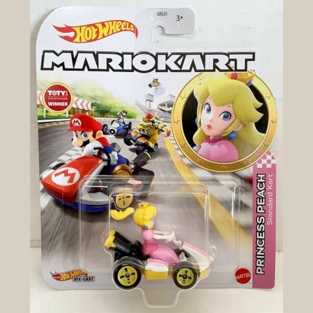A Hot Wheels Mario Kart toy featuring Princess Peach in her Standard Kart.