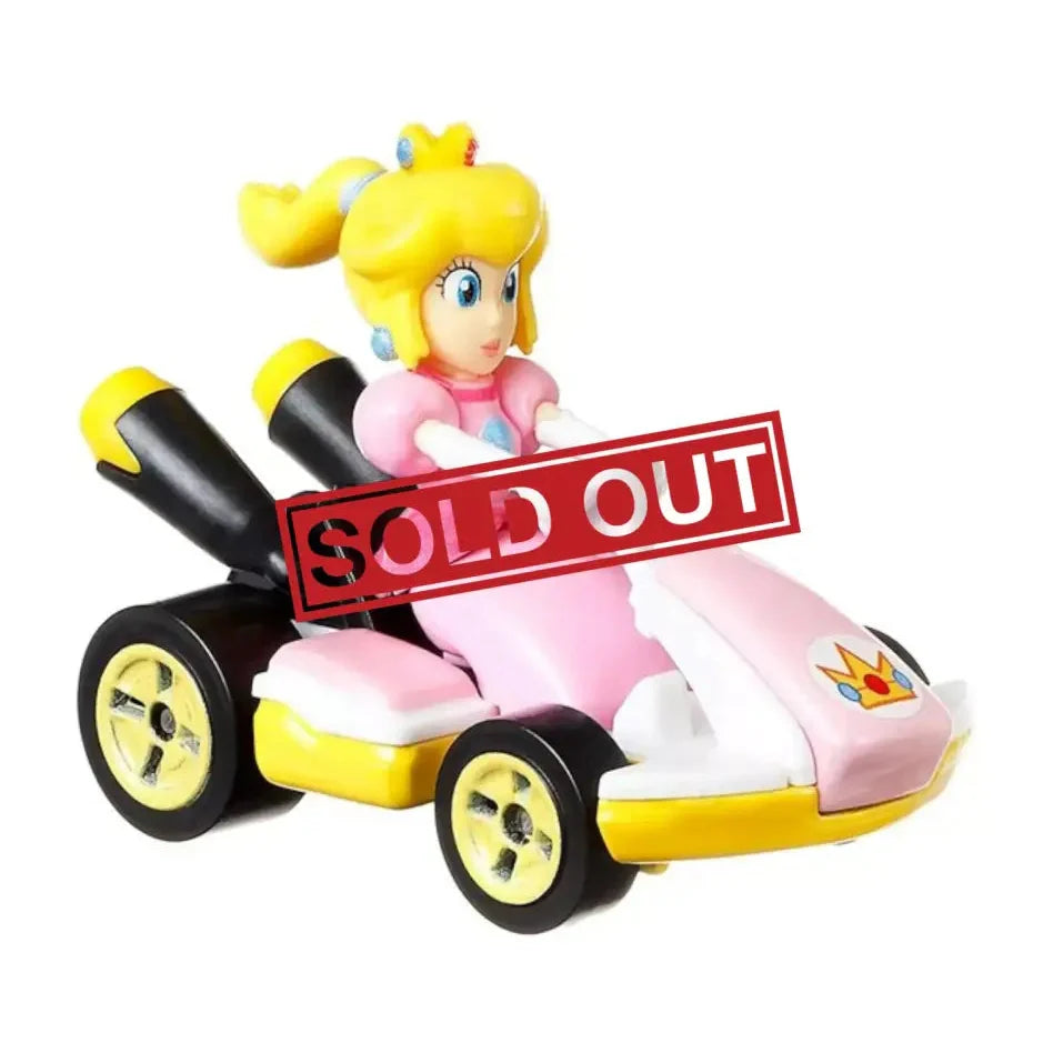 A Princess Peach Mario Kart toy with a pink kart and yellow accents.