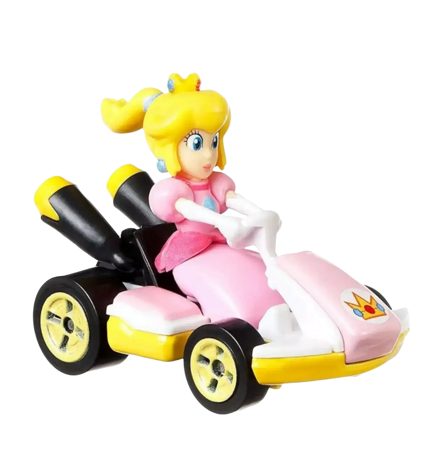 A Princess Peach Mario Kart toy with a pink kart and yellow accents.
