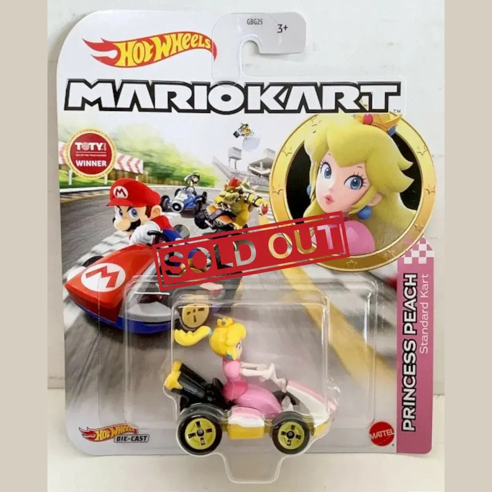 A Hot Wheels Mario Kart toy featuring Princess Peach in her Standard Kart.
