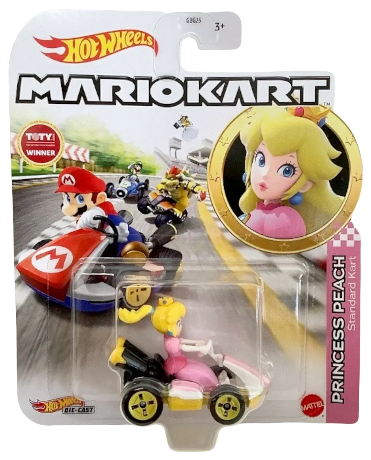 A Hot Wheels Mario Kart toy featuring Princess Peach in her Standard Kart.