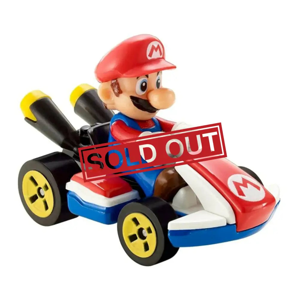 A Mario in a red, white, and blue go-kart toy with yellow wheels, marked as ’SOLD OUT.’