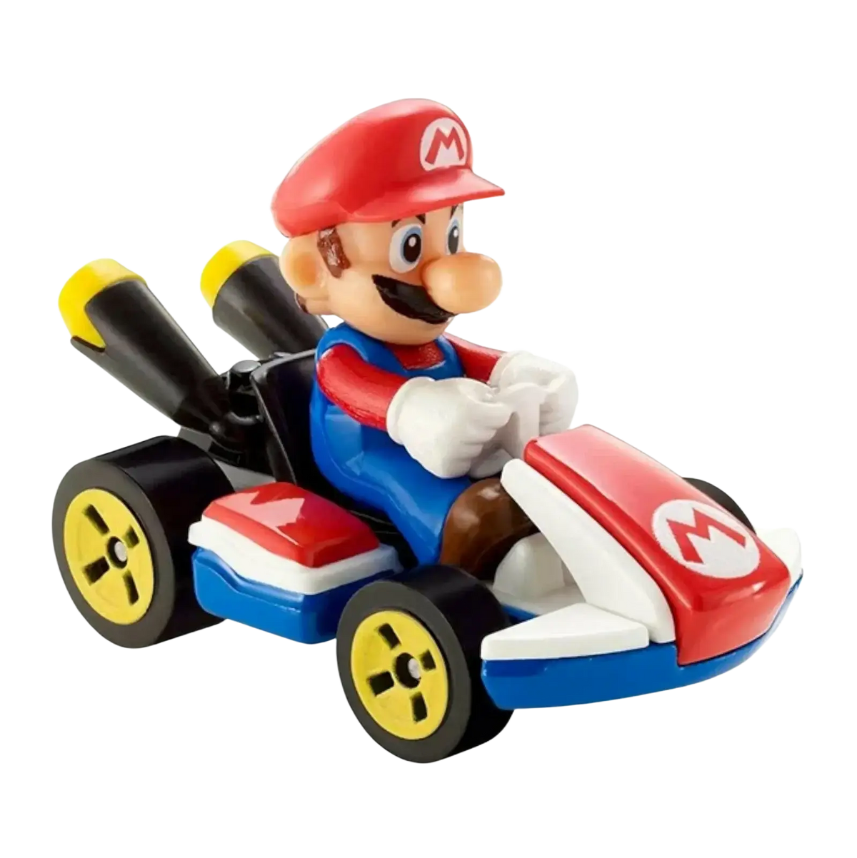 A Mario in a red, white, and blue go-kart toy with yellow wheels, marked as ’SOLD OUT.’