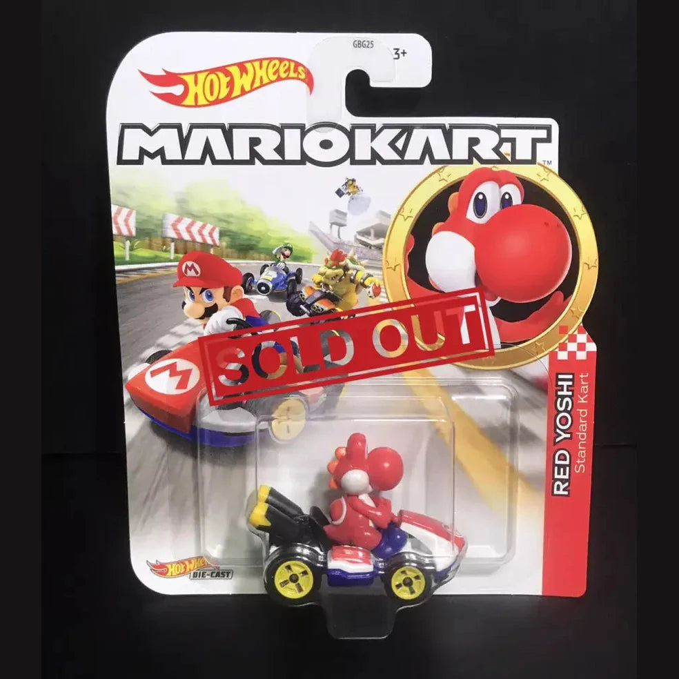 Packaged Hot Wheels Mario Kart Red Yoshi toy.
