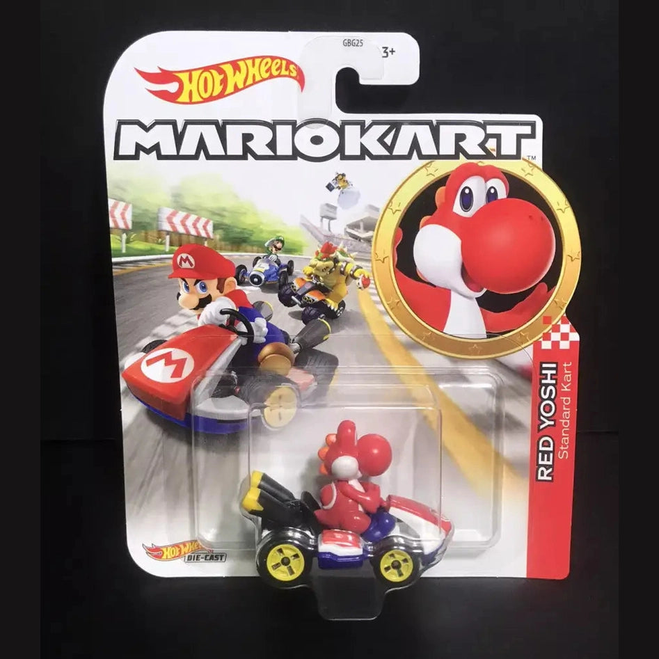 Packaged Hot Wheels Mario Kart Red Yoshi toy.