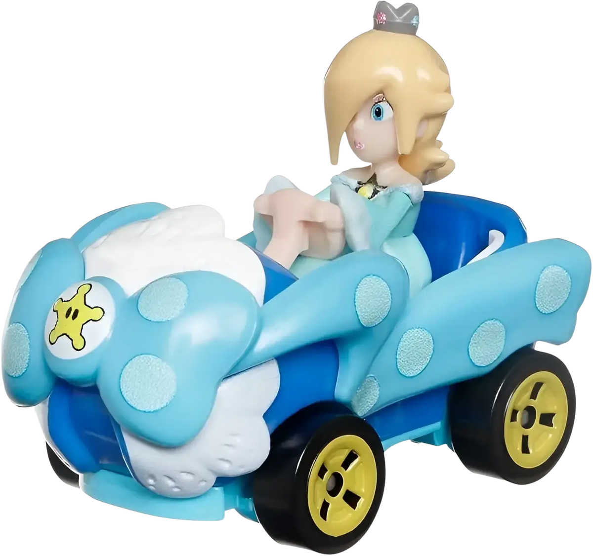 Blue and white polka dot toy car with yellow wheels, featuring princess rosalina from the mario kart series.