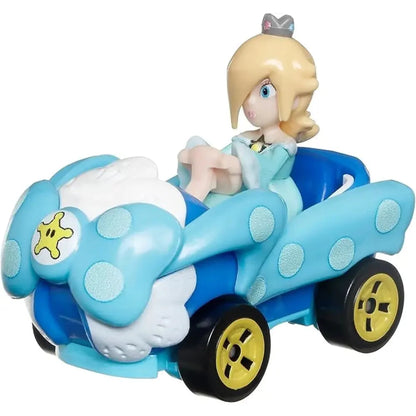 Blue and white polka dot toy car with yellow wheels, featuring princess rosalina from the mario kart series.