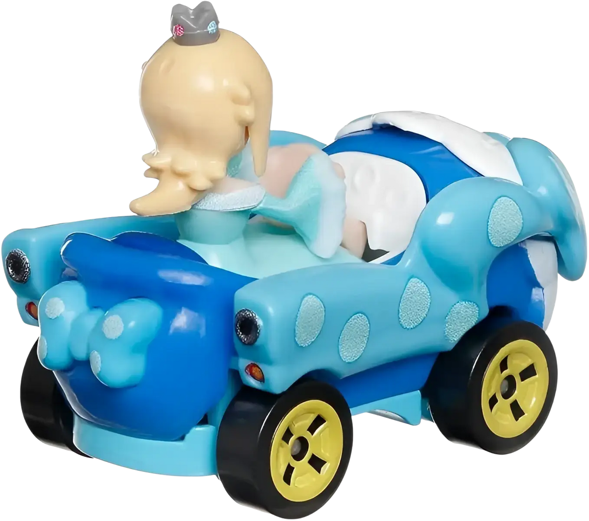 Blue and white toy car with yellow wheels, designed for children’s play.