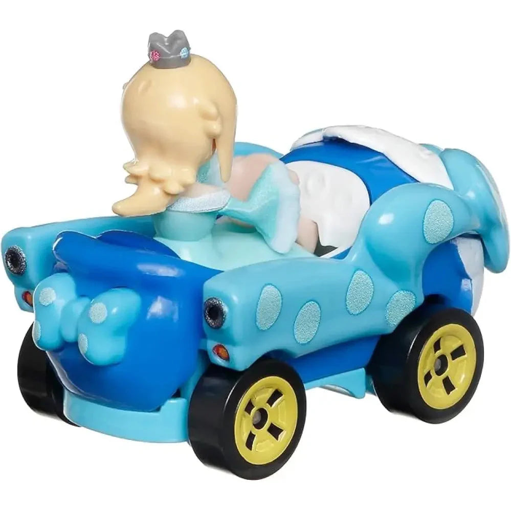 Blue and white toy car with yellow wheels, designed for children’s play.