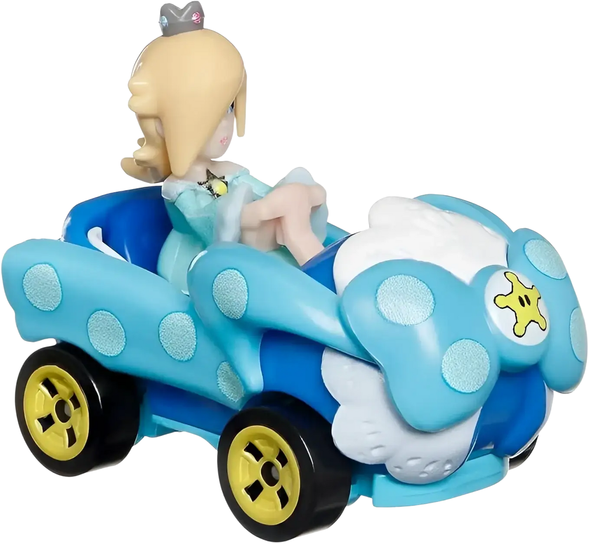 Blue and yellow toy car with star design, likely plastic.