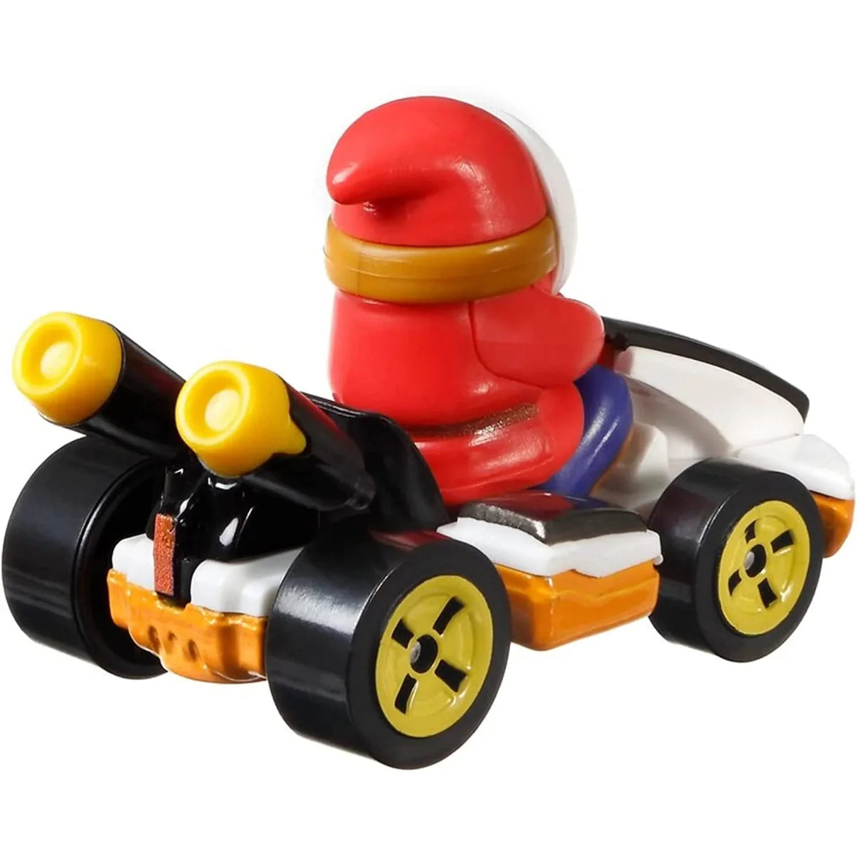 Red and yellow toy race car with black wheels, white body, and a character figure in the driver’s seat.