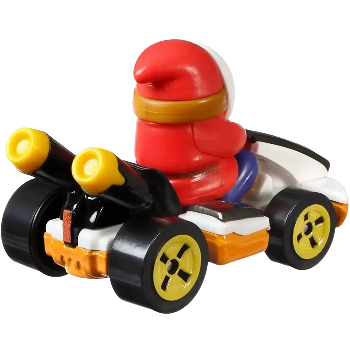 Red and yellow toy race car with black wheels, white body, and a character figure in the driver’s seat.