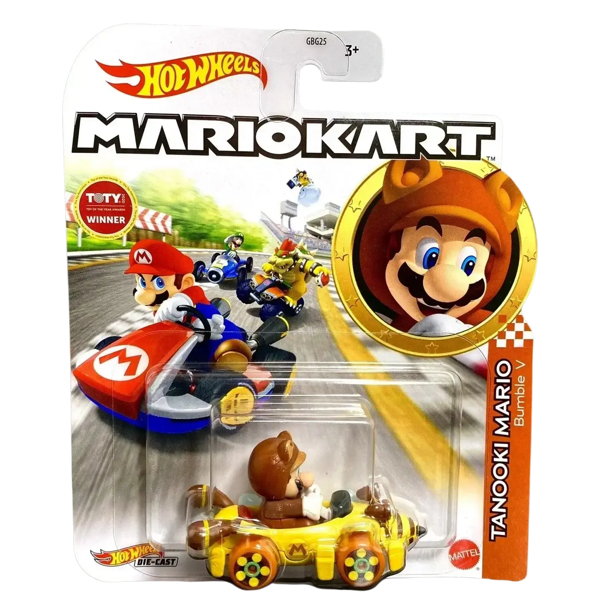 Hot Wheels Mario Kart Tanooki Mario Bumble V die-cast toy car.