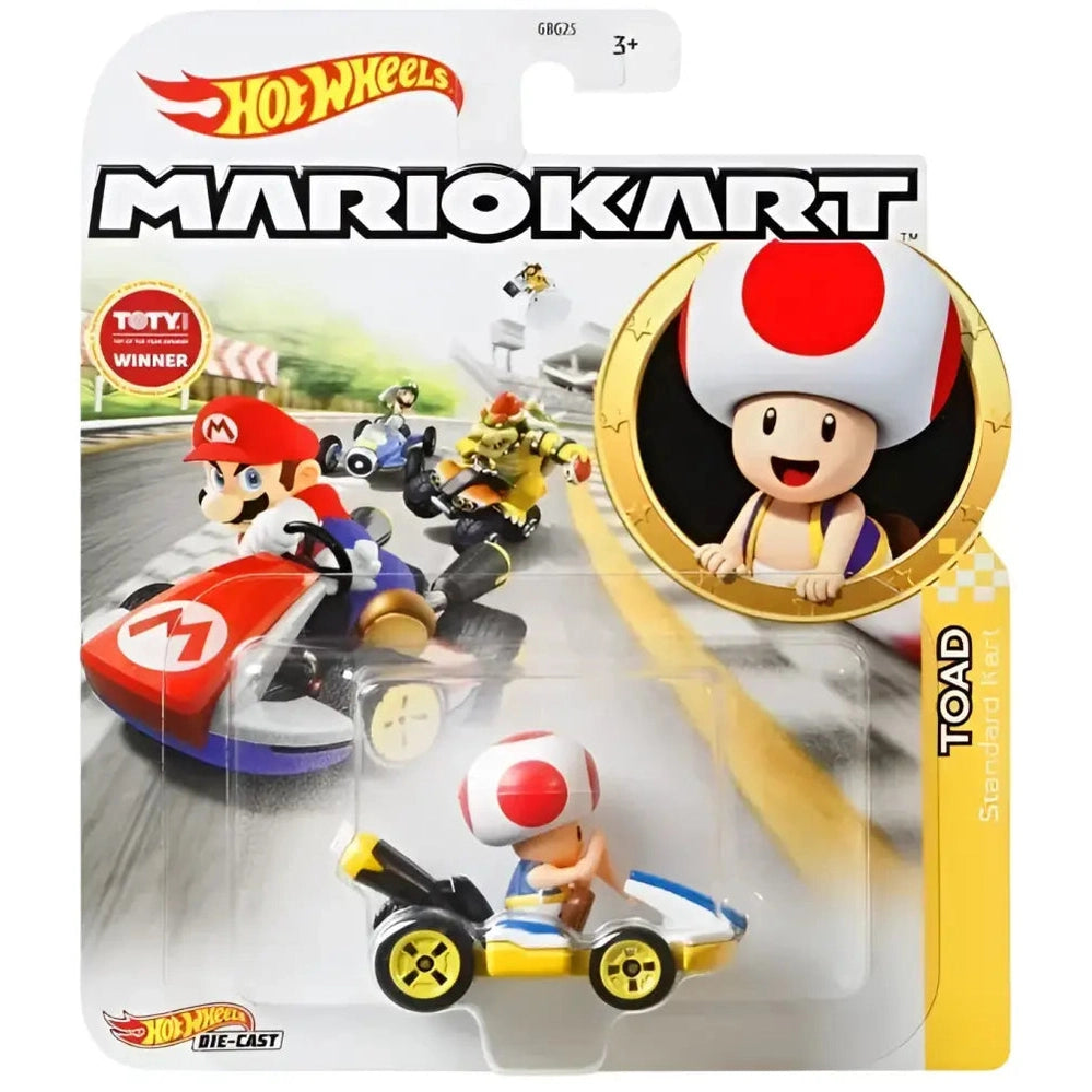 A Hot Wheels Mario Kart Toad die-cast toy car.