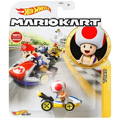 A Hot Wheels Mario Kart Toad die-cast toy car.