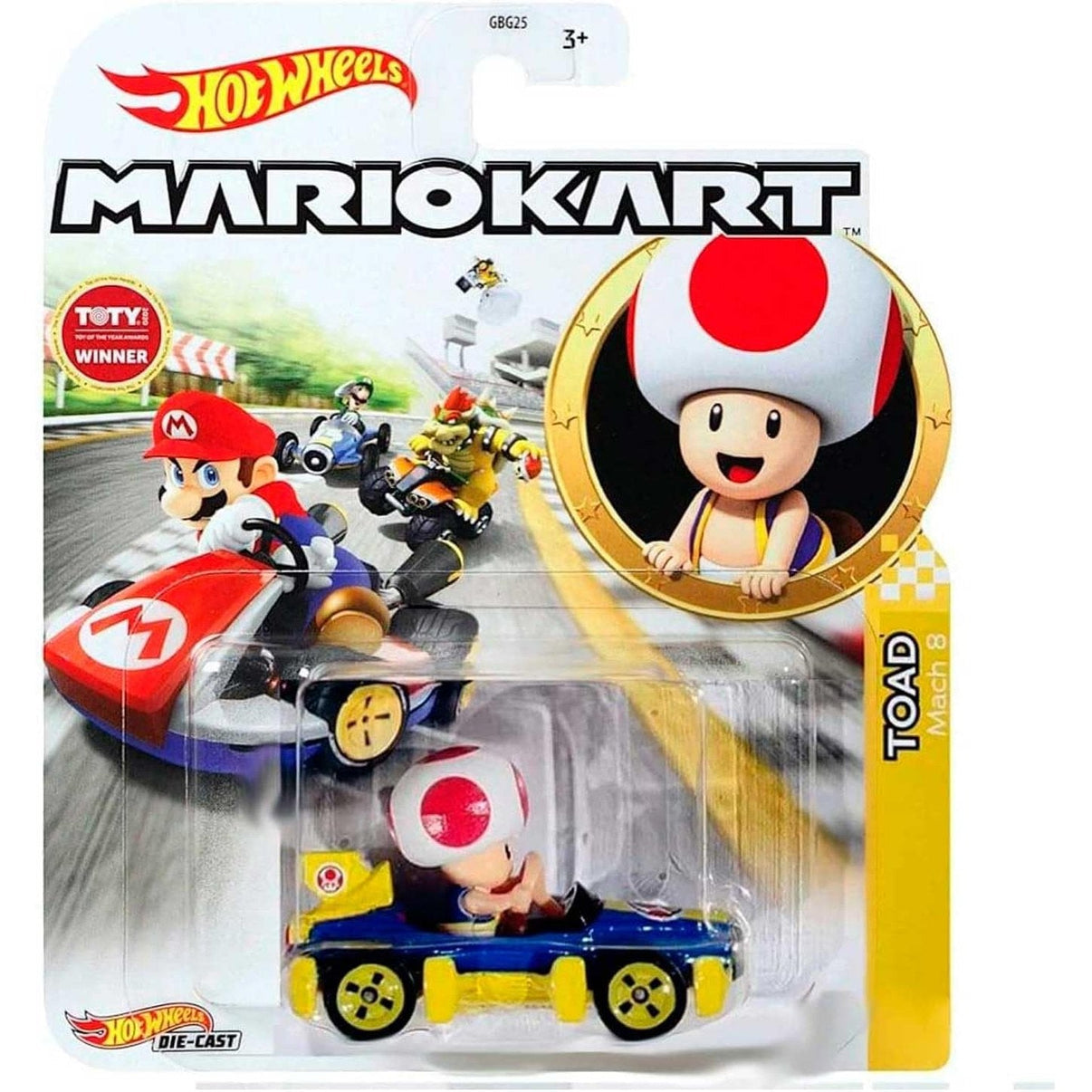 Hot wheels mario kart toad die-cast car.