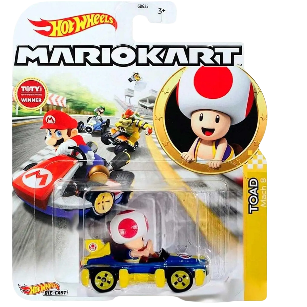 Hot wheels mario kart toad die-cast car.