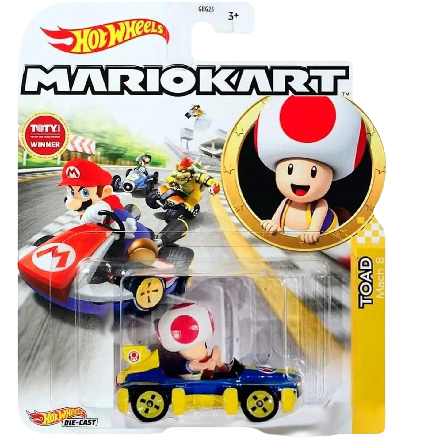 Hot wheels mario kart toad die-cast car.