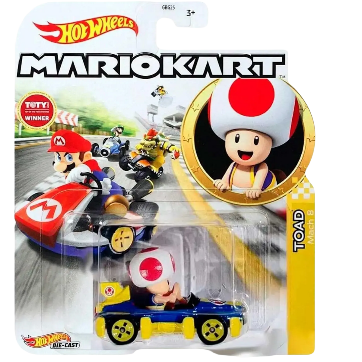 Hot wheels mario kart toad die-cast car.