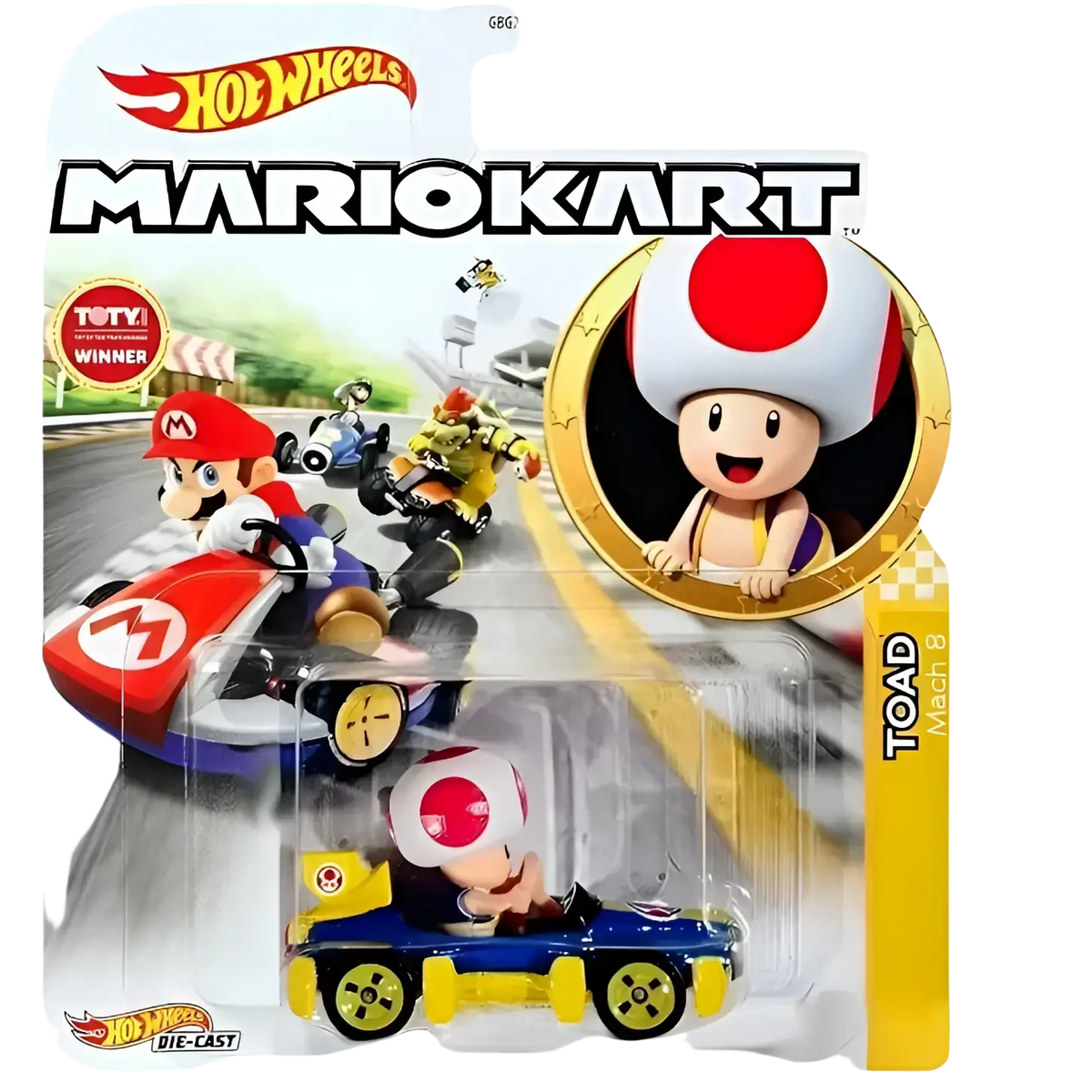 Hot wheels mario kart toad die-cast car.