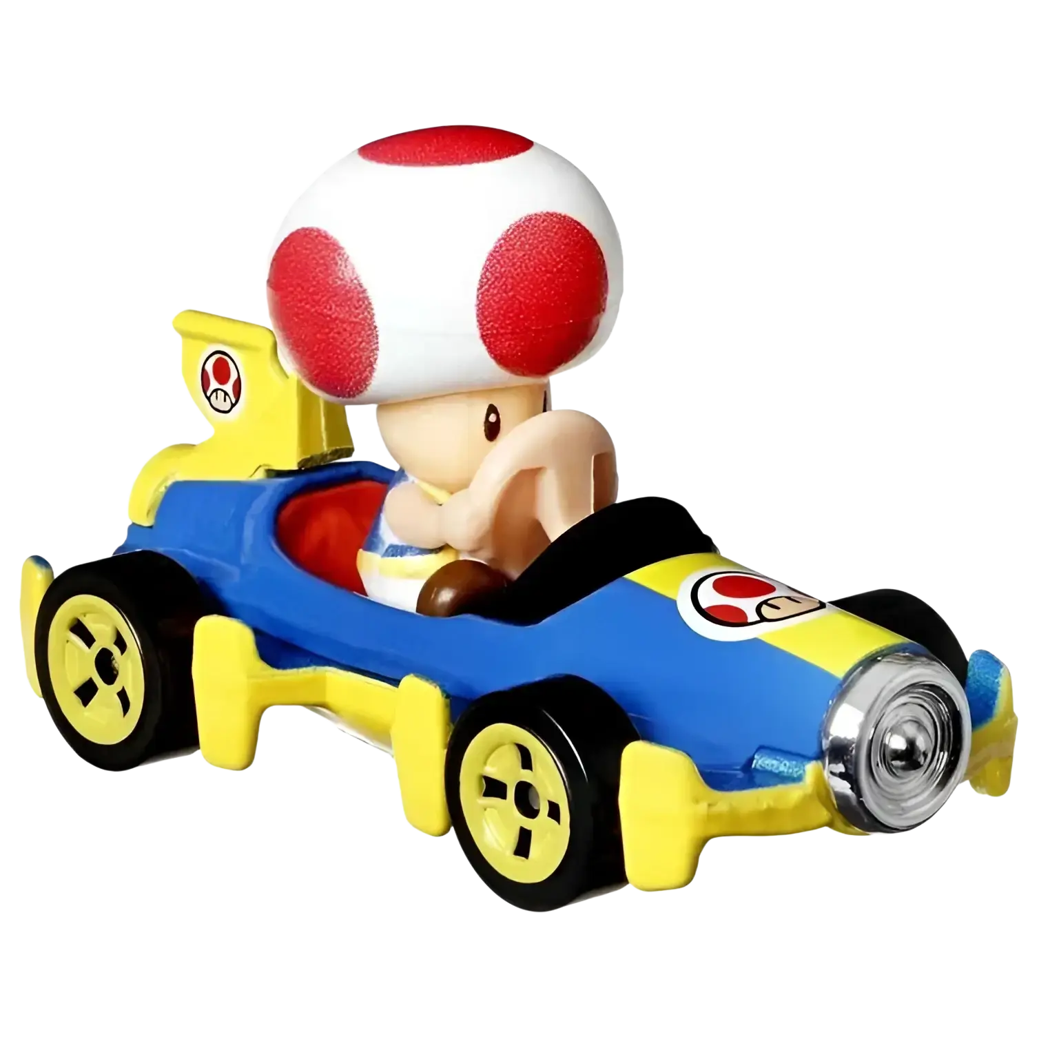 Blue and yellow toy car with red mushroom character, likely from a popular video game series.