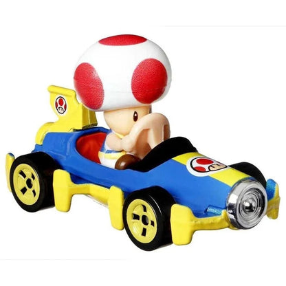 Blue and yellow toy car with red mushroom character, likely from a popular video game series.
