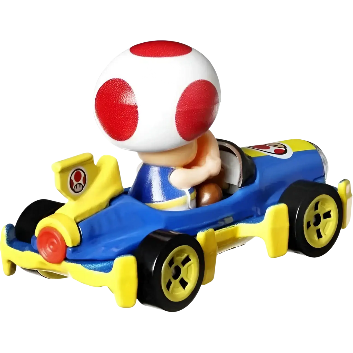 Blue and yellow toy car with red mushroom character on top, designed for children’s play.