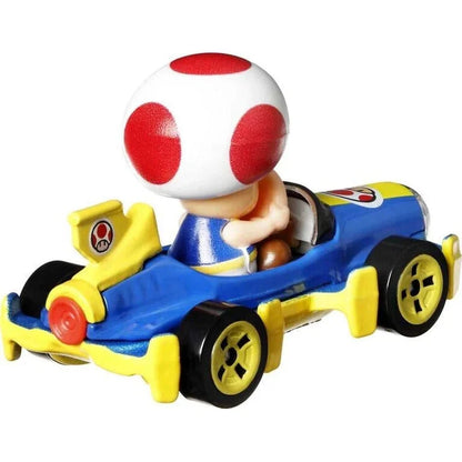 Blue and yellow toy car with red mushroom character on top, designed for children’s play.