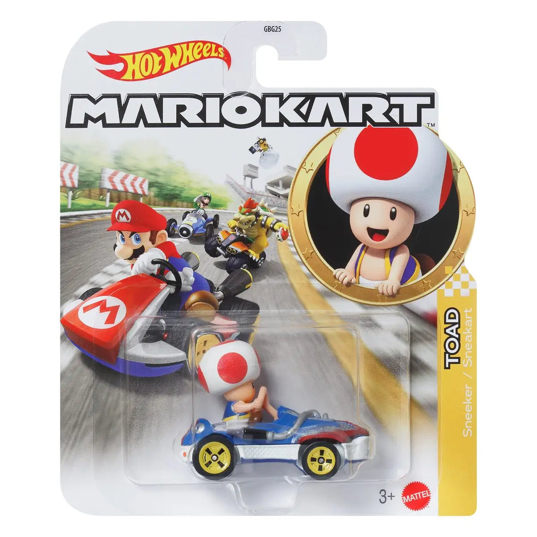 Toad die-cast vehicle in blue and white kart with yellow wheels from hot wheels mario kart track sets collection