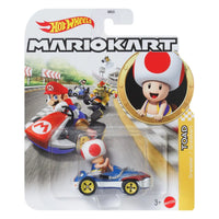 Toad die-cast vehicle in blue and white kart with yellow wheels from hot wheels mario kart track sets collection