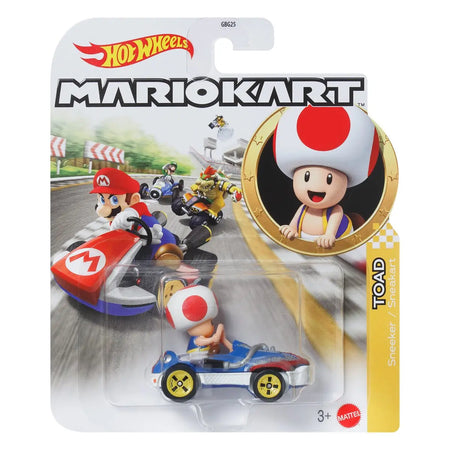 Toad die-cast vehicle in blue and white kart with yellow wheels from hot wheels mario kart track sets collection
