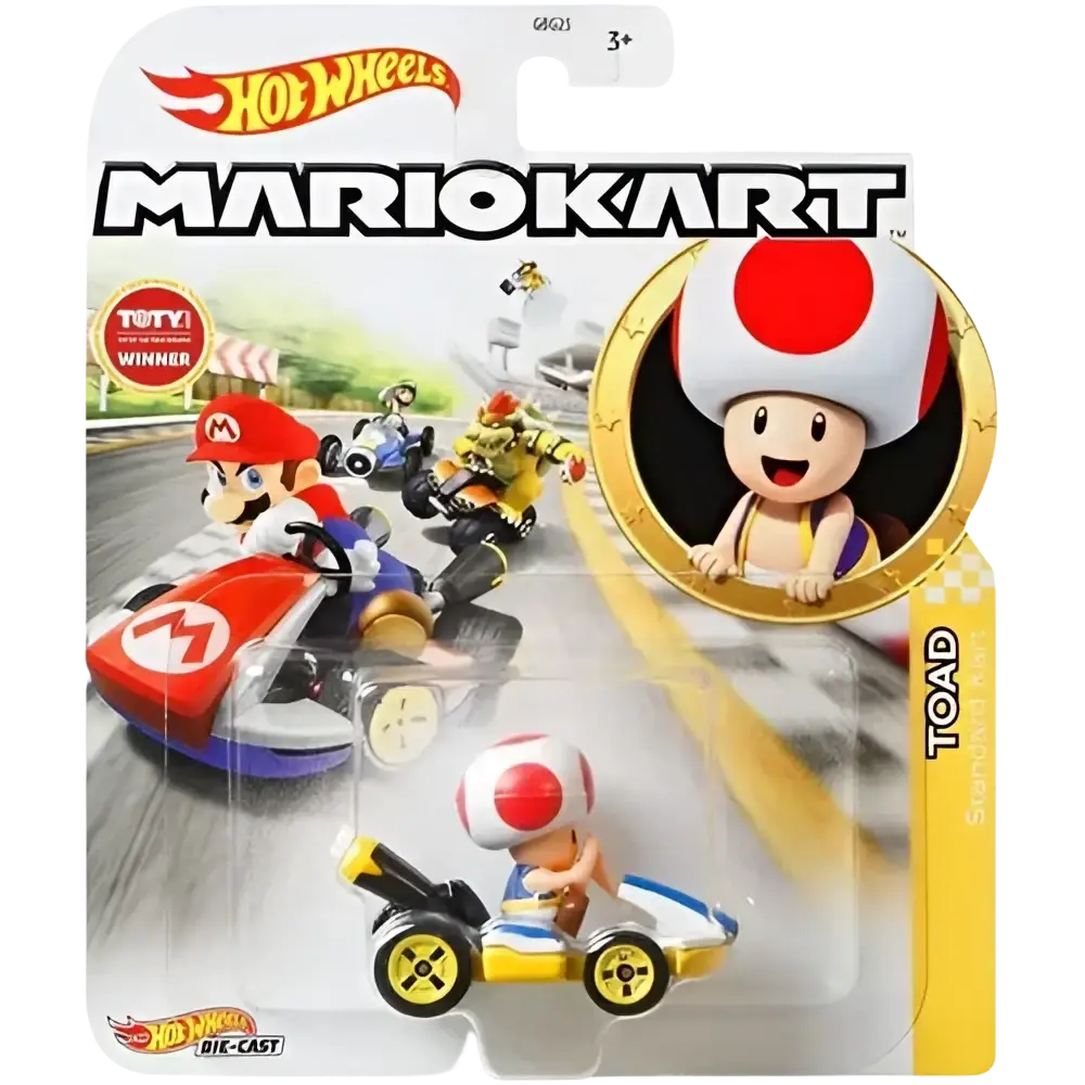 Yellow and blue kart with a red-and-white mushroom cap toad figure seated inside, packaged in a hot wheels mario kart blister pack.