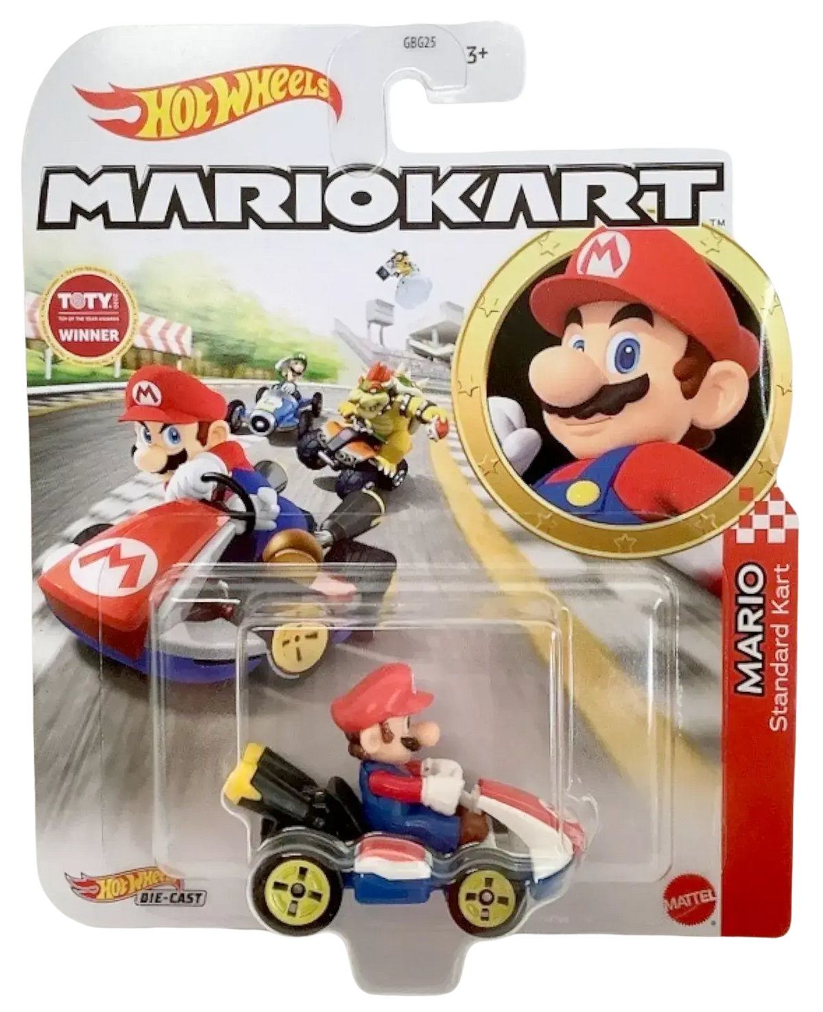 A Hot Wheels Mario Kart toy, specifically a Mario character in his Standard Kart, packaged and marked as ’SOLD OUT’.
