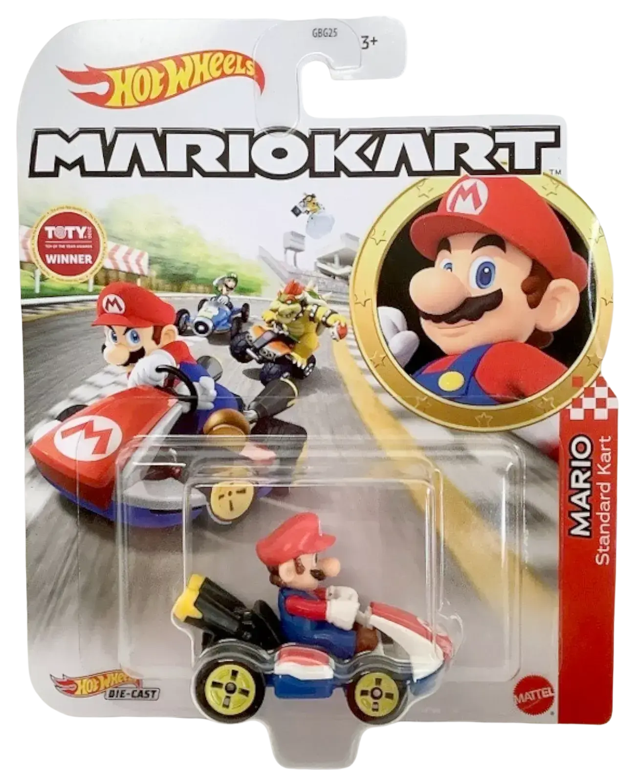 A Hot Wheels Mario Kart toy, specifically a Mario character in his Standard Kart, packaged and marked as ’SOLD OUT’.