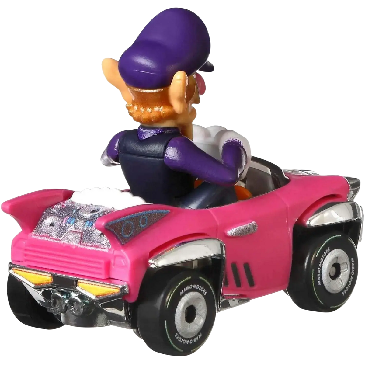 1950s-style pink and white convertible toy car with chrome details, resembling a hot wheels model.
