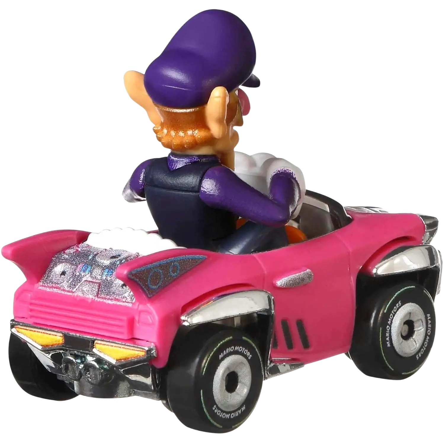1950s-style pink and white convertible toy car with chrome details, resembling a hot wheels model.