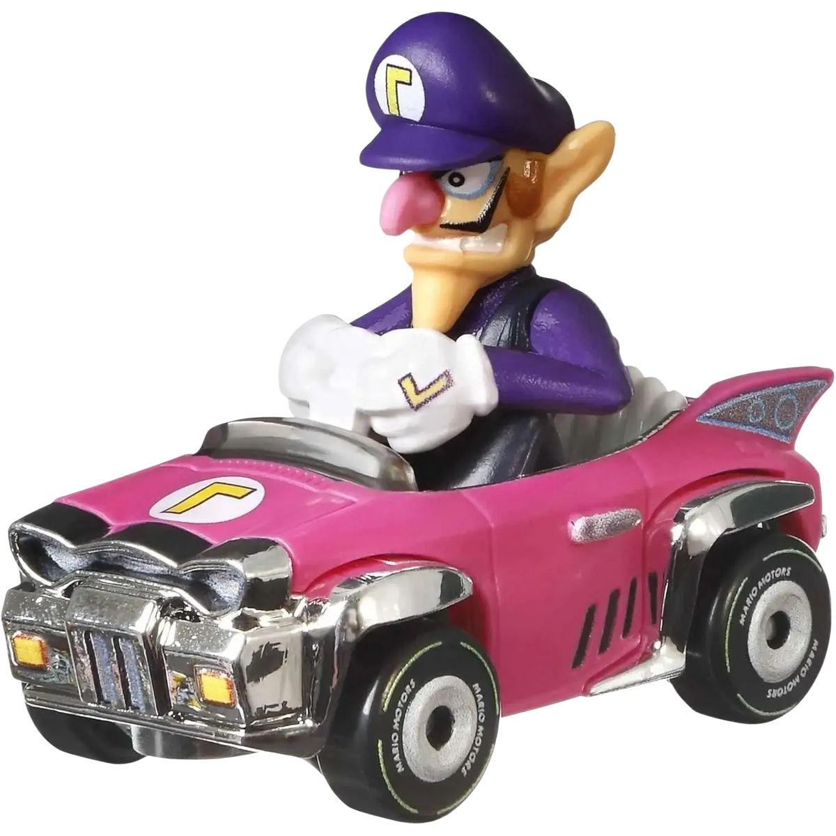 Waluigi toy car, pink and purple with chrome accents.