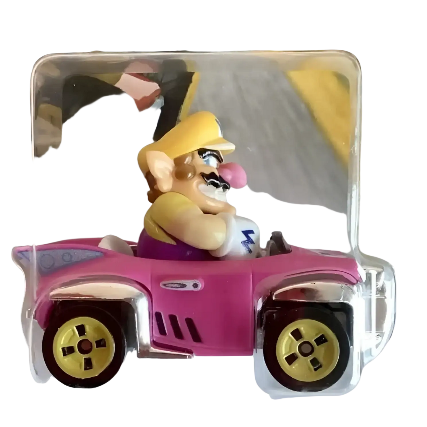 Pink and yellow wario toy car with gold wheels, packaged in clear plastic.