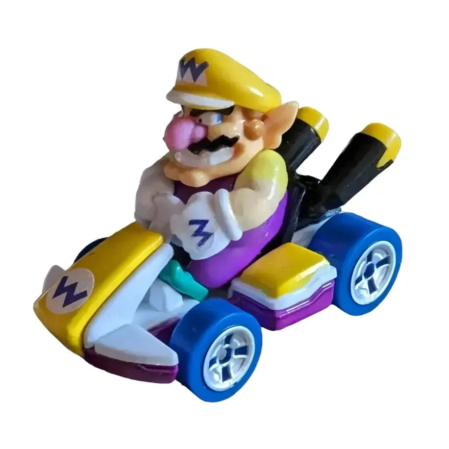 A colorful Wario character toy in a yellow and purple go-kart with blue wheels.