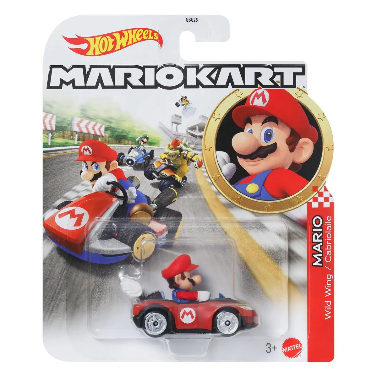 Hot wheels mario kart 1 64 die-cast vehicle featuring red and blue mario kart with silver wheels and white m logo