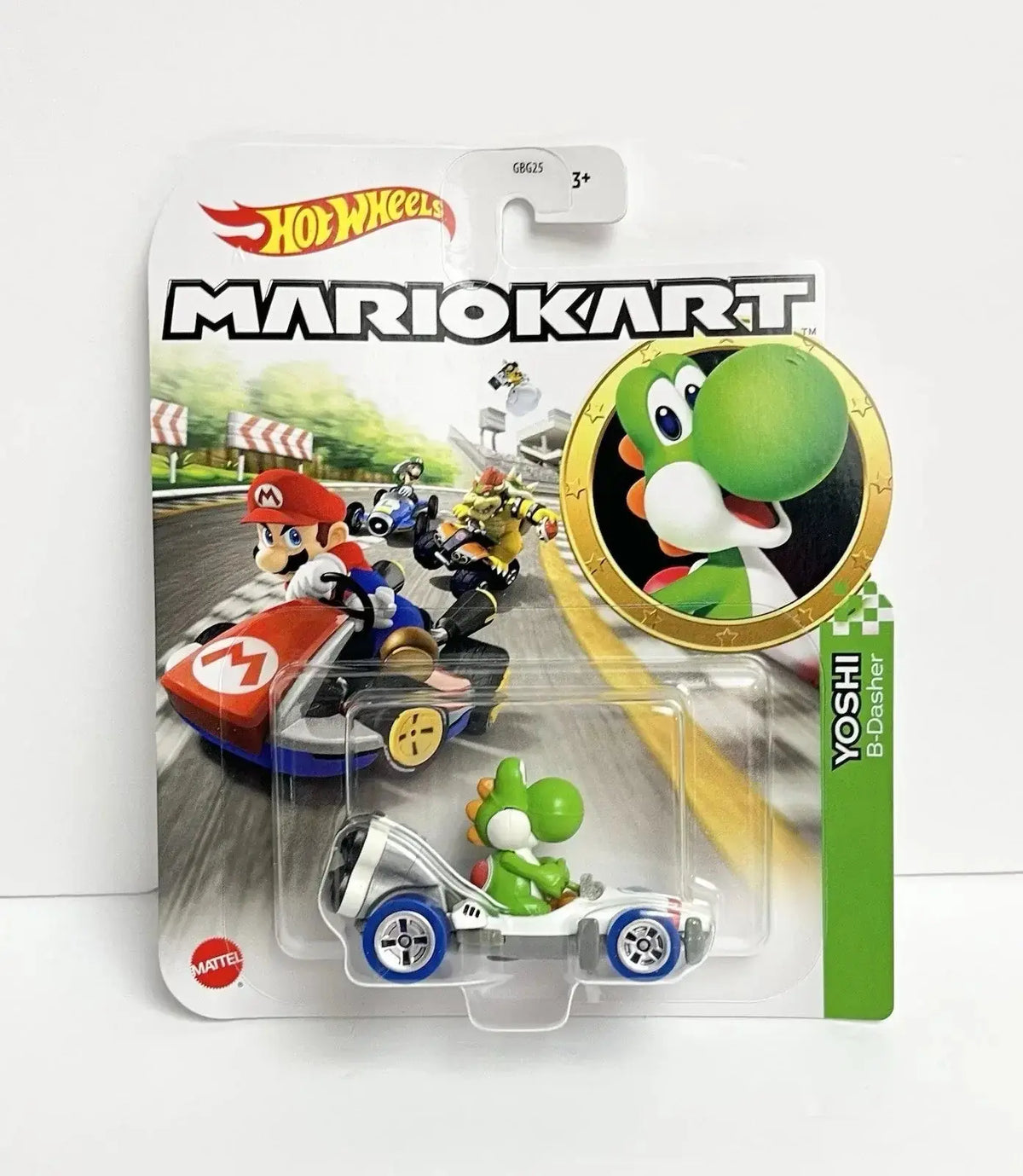 Green yoshi in a white and blue kart from hot wheels mario kart scale die-cast 1 64 yoshi B-Dasher model