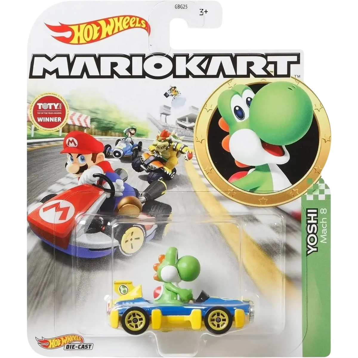 Hot wheels mario kart yoshi mach 8 die-cast car.