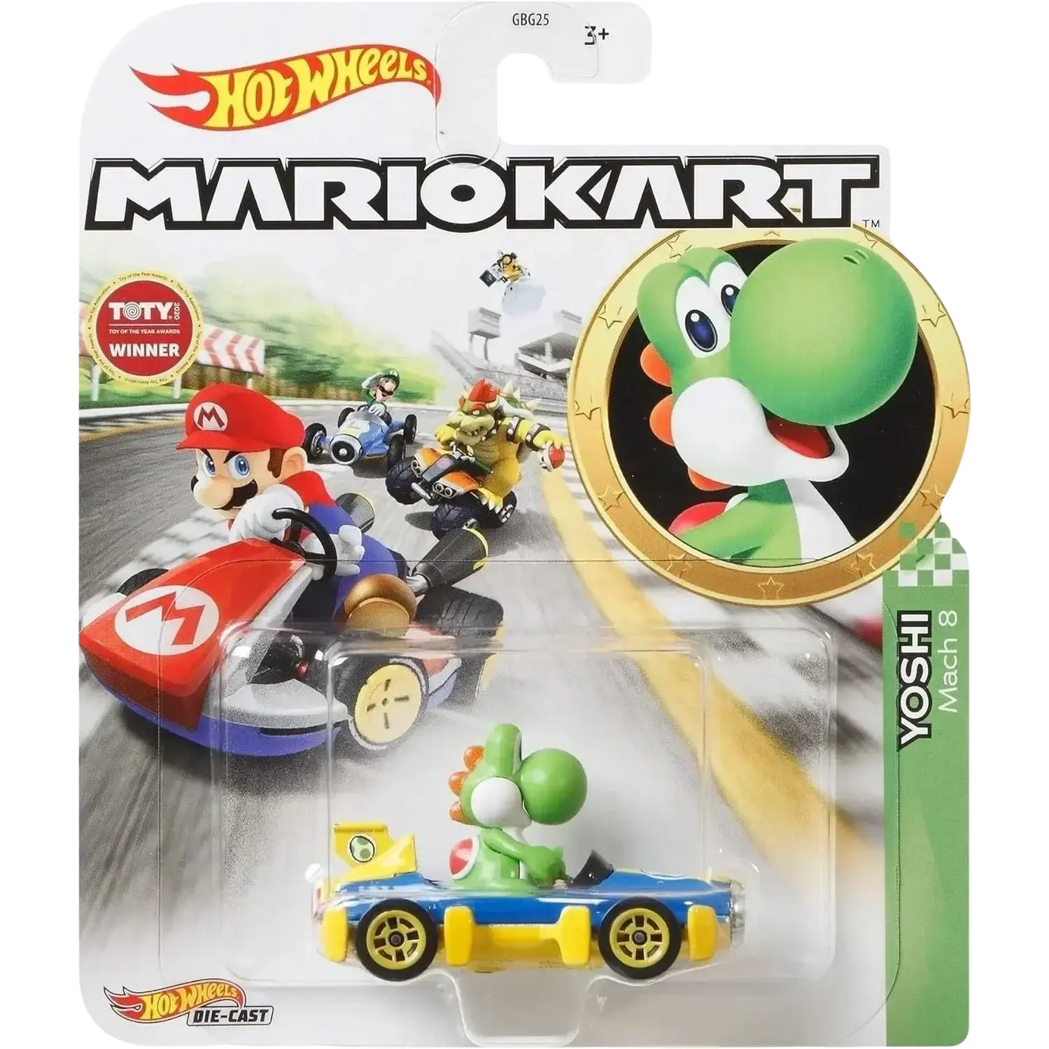 Hot wheels mario kart yoshi mach 8 die-cast car.