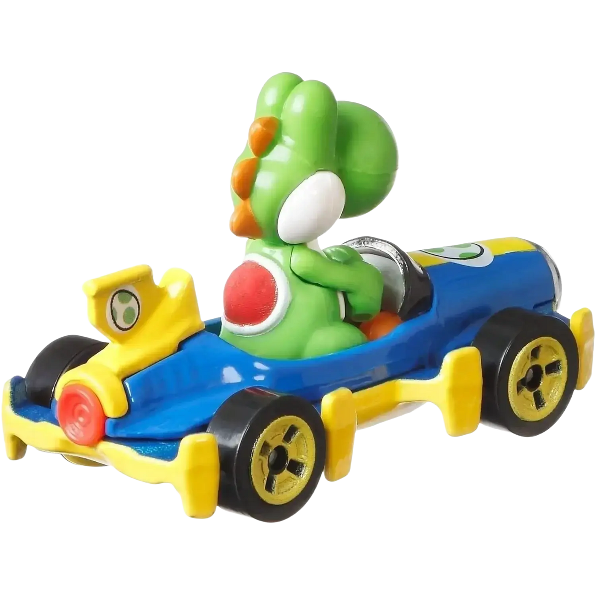 Green dinosaur toy in a blue and yellow racing car, likely from nintendo’s mario kart series.