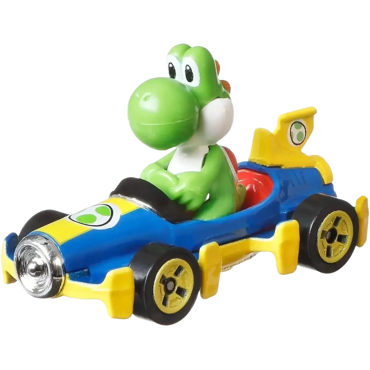 Yoshi-themed toy car with blue body, yellow wheels and accents.