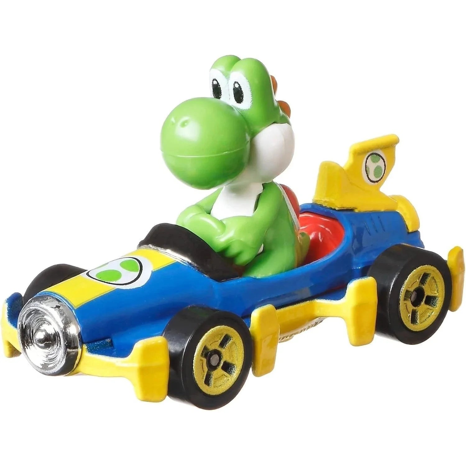 Yoshi-themed toy car with blue body, yellow wheels and accents.