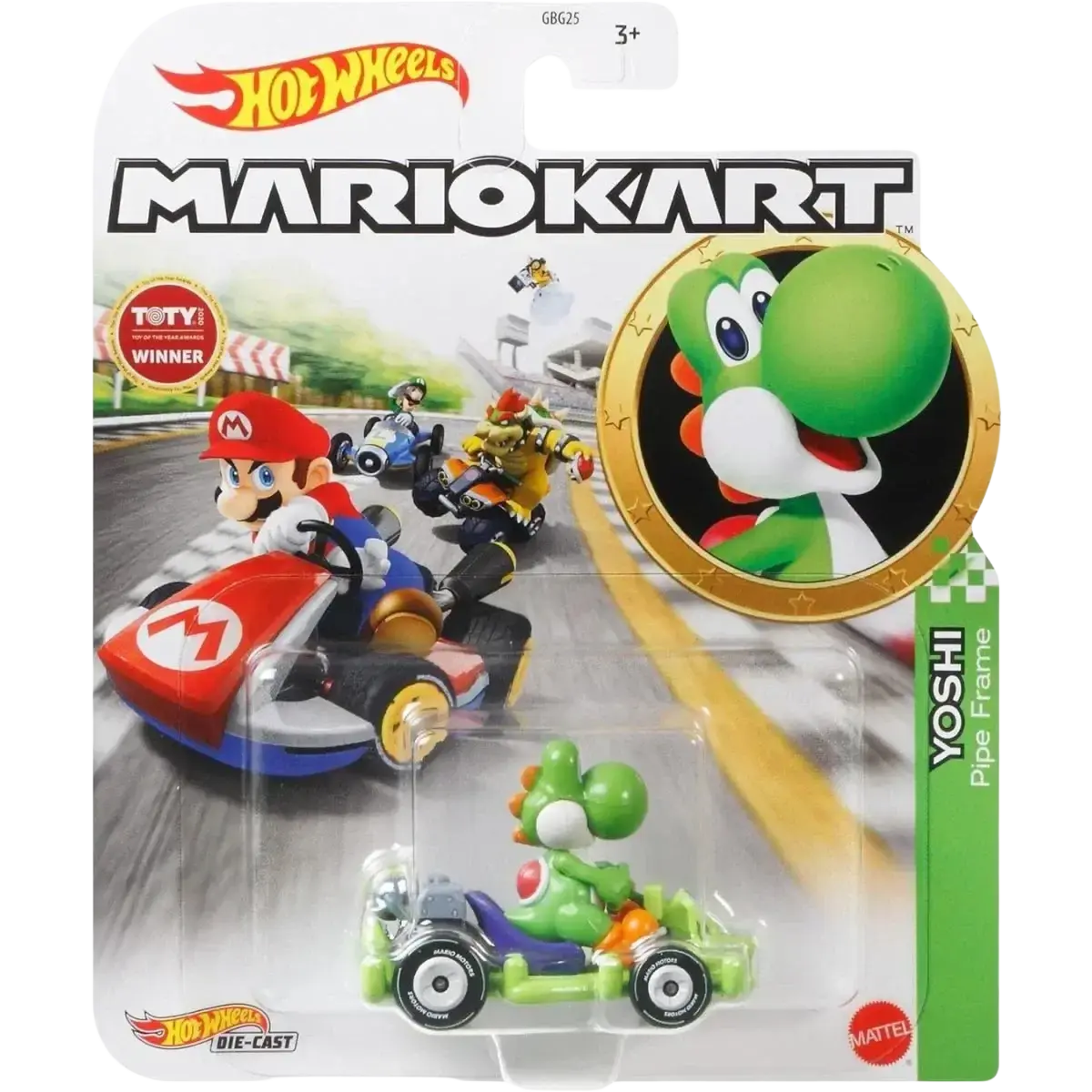 A Hot Wheels Mario Kart Yoshi Pipe Frame die-cast toy car.