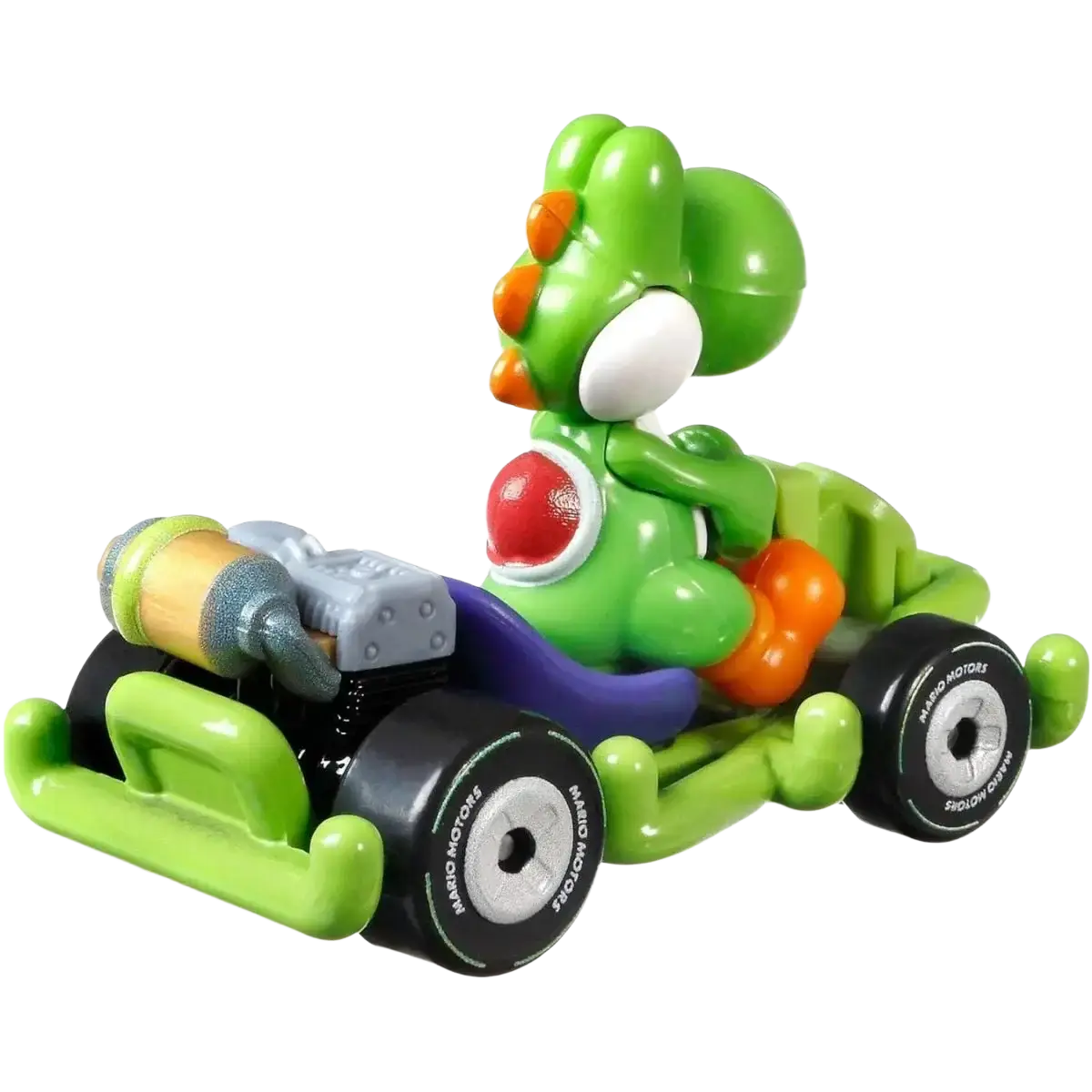 Green dinosaur toy in a racing car, likely plastic with colorful accents and wheels.